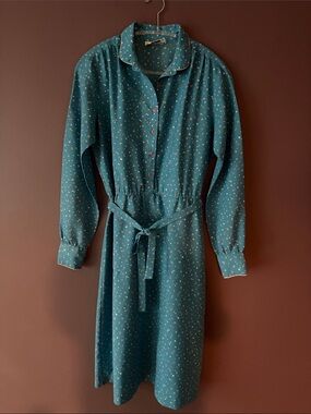 Just-Mort Vintage Teal Floral Button-Front Midi Dress with Tie Waist L/XL